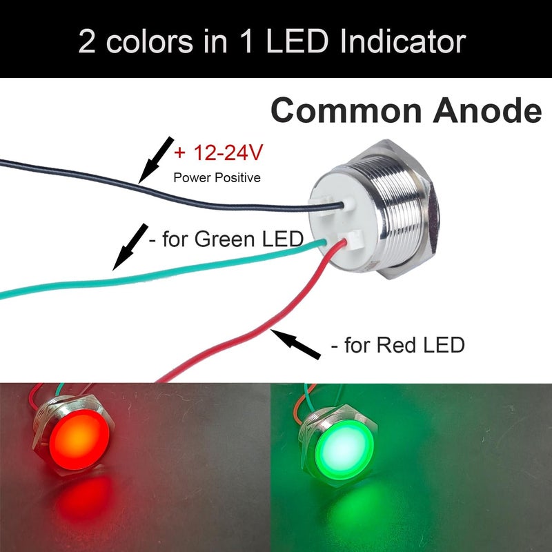 DMWD 22mm 12V-24V Metal 2 Colors LED Indicator Lights, Waterproof Common Anode Signal Lamp Red and Green LED in 1, with Pre-Wired Cables to Indicate The Power Supply Status 2Pcs - Image 2